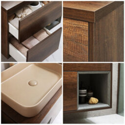 Homestylestore Dark Oak 594mm Wall Hung Bathroom Vanity Unit Rectangular Sand Countertop Basin Open Shelf - thumbnail 2