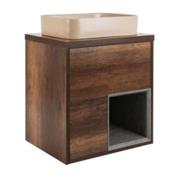 Homestylestore Dark Oak 594mm Wall Hung Bathroom Vanity Unit Rectangular Sand Countertop Basin Open Shelf