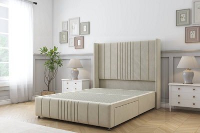 "Sloomy Hargrave Cream Plush Divan Bed Base 2 Drawers Foot-End-54"" Wingback Headboard & 12"" Footboard 4'6 Double" - image 1