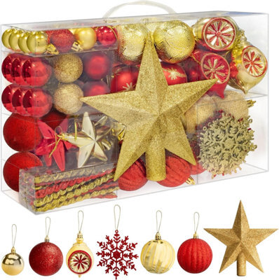 108 Piece Christmas Tree Baubles Set Assorted Gold Red Shatterproof Decorations - image 1
