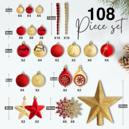 108 Piece Christmas Tree Baubles Set Assorted Gold Red Shatterproof Decorations - thumbnail 2