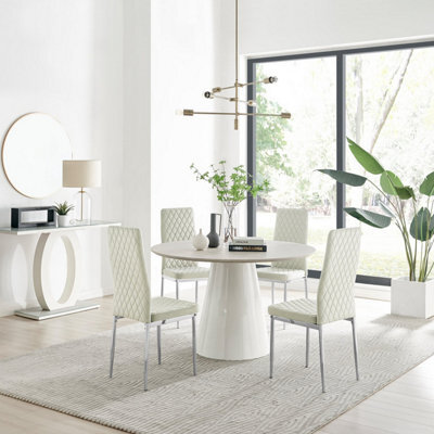Furniturebox Palma Beige Stone Effect Round 4-6 Seater Pedestal Dining Table & 4 Cream Velvet Milan Silver Leg Chairs - image 1