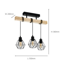 Eglo Townshend 5 Black/natural Wood 3-Light Ceiling Pendant, Semi-Flush Industrial Style (L) 55Cm - thumbnail 4