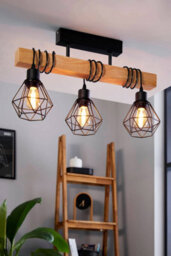 Eglo Townshend 5 Black/natural Wood 3-Light Ceiling Pendant, Semi-Flush Industrial Style (L) 55Cm