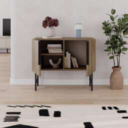 Decortie Modern Tona Console Cabinet W/soft-Close 2 Doors Sideboard Black Metal Legs 88(W)Cm, Natural Oak - thumbnail 4