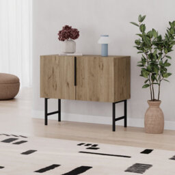 Decortie Modern Tona Console Cabinet W/soft-Close 2 Doors Sideboard Black Metal Legs 88(W)Cm, Natural Oak