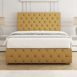 Bsspoke Mulberry Divan Bed Set Mustard Plush Velvet 24Inch Headboard & Footboard & Mattress No Drawers In 3Ft 4Ft 4Ft6 5Ft 6Ft
