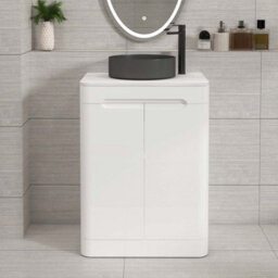 Royal Bathrooms Venice 600mm Gloss White Freestanding Bathroom Countertop Vanity Unit 2 Door With Art Round Basin - thumbnail 1
