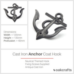 Oakcrafts - Antique Cast Iron Anchor Design Double Coat Hook - 135mm High - thumbnail 2