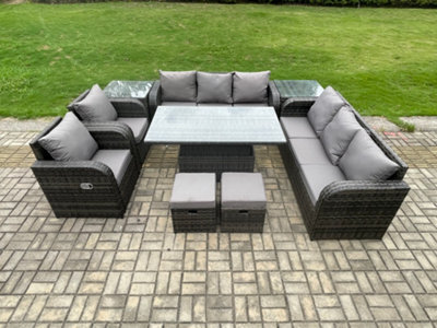 Fimous Rattan Outdoor Garden Furniture Sets Height Adjustable Rising Lifting Dining Table Reclining Chair Set With 2 Side Tables - image 1