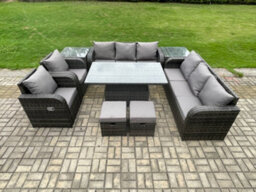 Fimous Rattan Outdoor Garden Furniture Sets Height Adjustable Rising Lifting Dining Table Reclining Chair Set With 2 Side Tables - thumbnail 1