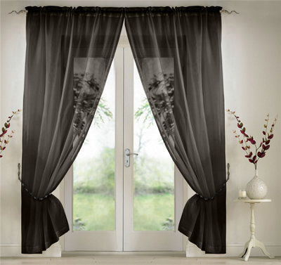 Luxury Living Elegant Plain Voile Curtain Panels Pair With Free Tie Backs Black - image 1