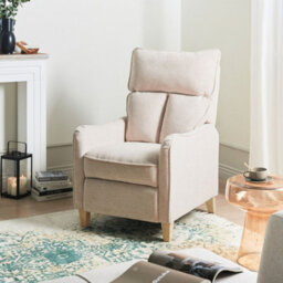 Wyld And Coco Reclining Armchair High Back In Light Beige Fabric With Pull-Out Footstool, Manual Recline, Vintage Style - thumbnail 2