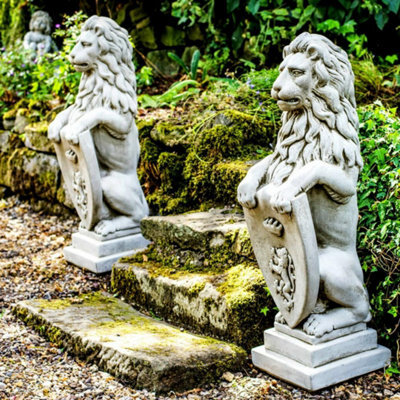 Pair Of Large Garden Gateway Lion Statues With Shields - image 1