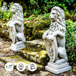 Pair Of Large Garden Gateway Lion Statues With Shields - thumbnail 3