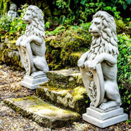 Pair Of Large Garden Gateway Lion Statues With Shields