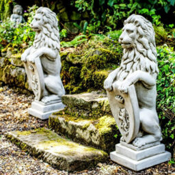 Pair Of Large Garden Gateway Lion Statues With Shields - thumbnail 2