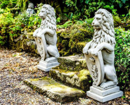 Pair Of Large Garden Gateway Lion Statues With Shields - thumbnail 5