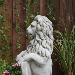 Pair Of Large Garden Gateway Lion Statues With Shields - thumbnail 6