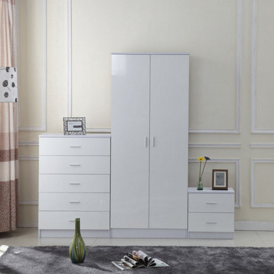 Homcom High Gloss 3 Trio Wardrobe Set Drawers Bedroom Furniture Chest Bedside - image 1