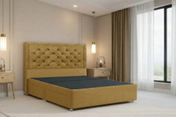 "Nexus Tuscany Mustard Plush Divan Bed Base 2 Drawers Same Side With 54"" Floor Standing Headboard 5' King" - thumbnail 2