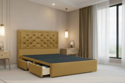"Nexus Tuscany Mustard Plush Divan Bed Base 2 Drawers Same Side With 54"" Floor Standing Headboard 5' King" - thumbnail 1