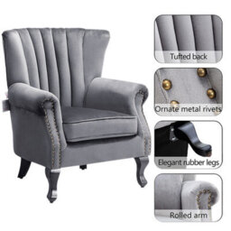 Living And Home Grey Vintag Armchair With Rubberwood Legs, 90Cm H - thumbnail 3