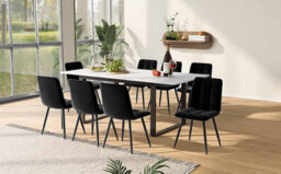 Matteo Expandable Dining Table With Iron Legs, 140/180X80X75Cm, Modern White Mdf Top With Marble Patterns - thumbnail 5