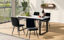 Matteo Expandable Dining Table With Iron Legs, 140/180X80X75Cm, Modern White Mdf Top With Marble Patterns - thumbnail 6