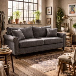 Wyld Haus Tael Yolo Grey Fabric 3-Seater Sofa With Nailhead Trim And 2 Cushions - 196Cm - thumbnail 1
