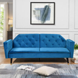 Comfy Living Blue Plush Velvet Tufted Sofa Bed With Black And Gold Legs - thumbnail 1