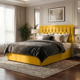 "Adore Designs Diamond Cut Bumper Plush Velvet Divan Bed, 50"" Headboard - 3Ft Single - Turmeric - 2 Drawers Same Side" - thumbnail 1