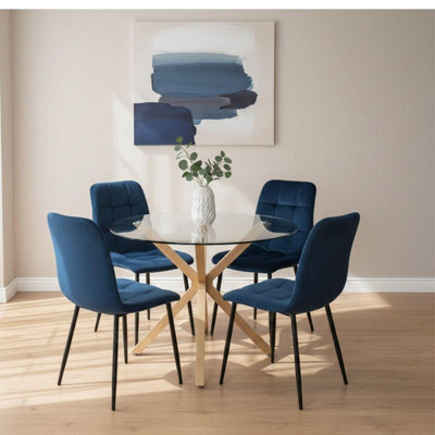 Kosy Koala Round Glass Dining Table Set With 4 Blue Velvet Chairs Dining Room Furniture - image 1