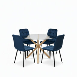 Kosy Koala Round Glass Dining Table Set With 4 Blue Velvet Chairs Dining Room Furniture - thumbnail 2