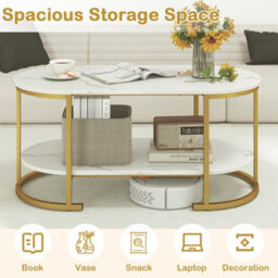 Gainoom Oval Coffee Table With Storage 2-Tier Living Room Center Table With Faux Marble Top & Open Shelf - thumbnail 8