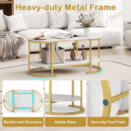 Gainoom Oval Coffee Table With Storage 2-Tier Living Room Center Table With Faux Marble Top & Open Shelf - thumbnail 9