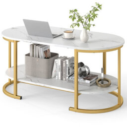 Gainoom Oval Coffee Table With Storage 2-Tier Living Room Center Table With Faux Marble Top & Open Shelf - thumbnail 1