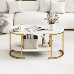 Gainoom Oval Coffee Table With Storage 2-Tier Living Room Center Table With Faux Marble Top & Open Shelf - thumbnail 4