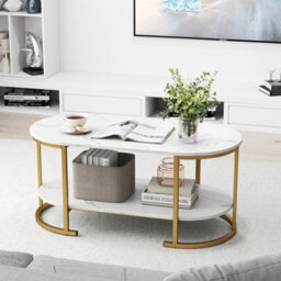 Gainoom Oval Coffee Table With Storage 2-Tier Living Room Center Table With Faux Marble Top & Open Shelf - thumbnail 5