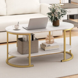 Gainoom Oval Coffee Table With Storage 2-Tier Living Room Center Table With Faux Marble Top & Open Shelf - thumbnail 3
