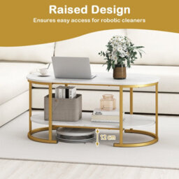 Gainoom Oval Coffee Table With Storage 2-Tier Living Room Center Table With Faux Marble Top & Open Shelf - thumbnail 6
