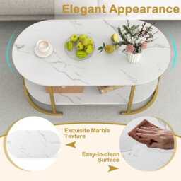 Gainoom Oval Coffee Table With Storage 2-Tier Living Room Center Table With Faux Marble Top & Open Shelf - thumbnail 7