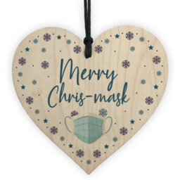 Red Ocean Funny Christmas Tree Decoration Wood Heart Lockdown Quarantine Gift Keepsake - thumbnail 1