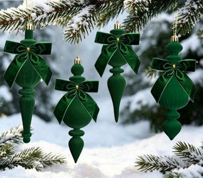 Amorly 4Pcs Green Flocked Christmas Finial Ornaments, Velvet Bow Spindle Drop Hanging Baubles For Holiday Party Home Window Decor - image 1