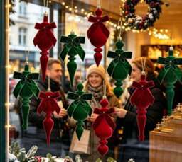 Amorly 4Pcs Green Flocked Christmas Finial Ornaments, Velvet Bow Spindle Drop Hanging Baubles For Holiday Party Home Window Decor - thumbnail 3