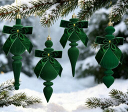 Amorly 4Pcs Green Flocked Christmas Finial Ornaments, Velvet Bow Spindle Drop Hanging Baubles For Holiday Party Home Window Decor - thumbnail 1