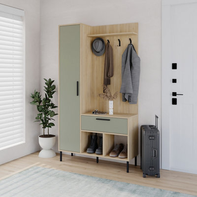 Decortie Hall Tree 108X195.3Cm 1-Drawer And 1-Door Storage Cabinet, 4 Metal Coat Hooks Sturdy Metal Legs, Hallway Oak, Ash Green - image 1