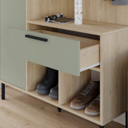 Decortie Hall Tree 108X195.3Cm 1-Drawer And 1-Door Storage Cabinet, 4 Metal Coat Hooks Sturdy Metal Legs, Hallway Oak, Ash Green - thumbnail 5