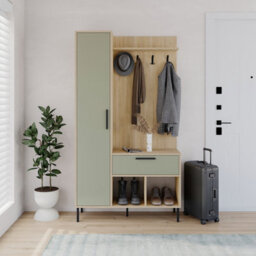 Decortie Hall Tree 108X195.3Cm 1-Drawer And 1-Door Storage Cabinet, 4 Metal Coat Hooks Sturdy Metal Legs, Hallway Oak, Ash Green - thumbnail 4