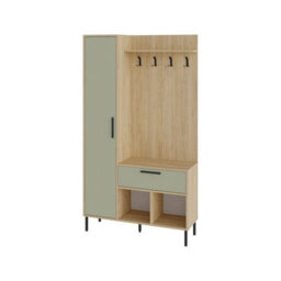 Decortie Hall Tree 108X195.3Cm 1-Drawer And 1-Door Storage Cabinet, 4 Metal Coat Hooks Sturdy Metal Legs, Hallway Oak, Ash Green - thumbnail 2